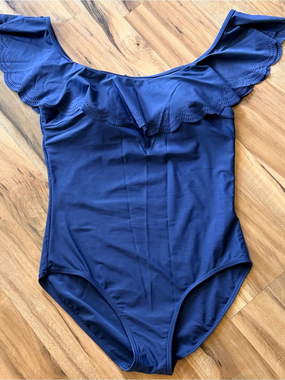Navy Off-Shoulder Ruffle One-Piece Swimsuit